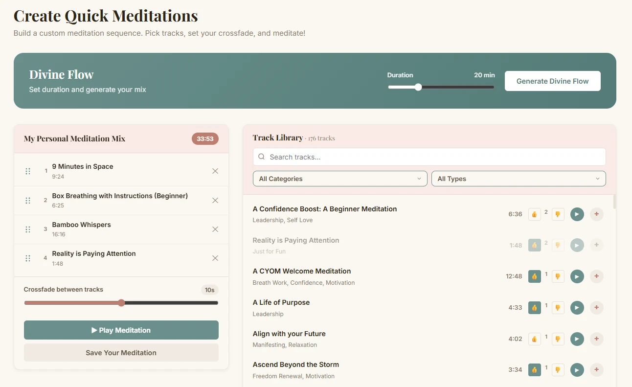 The Blend Your Tracks page, with a meditation mix on the left and the track library on the right
