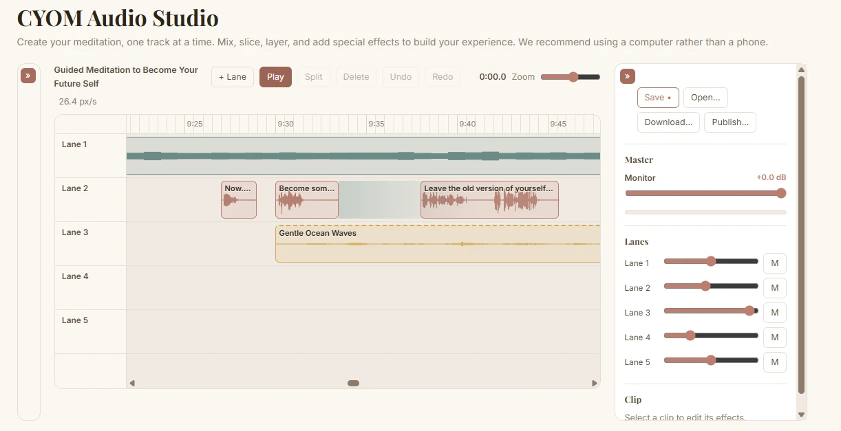The CYOM Meditation Studio, with voice, music and nature sound tracks layered on a timeline